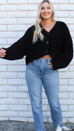 cropped button down sweater in black