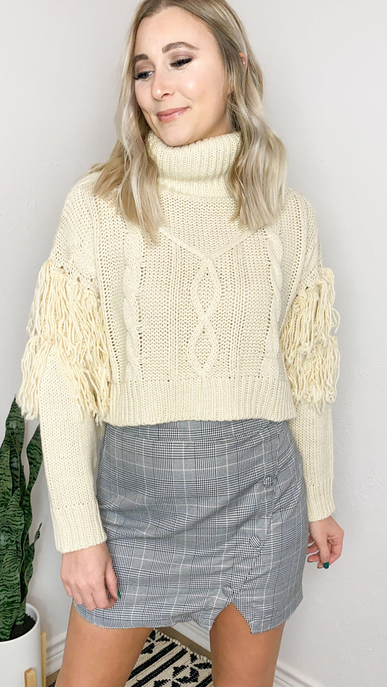 fringe turtleneck sweater | cream