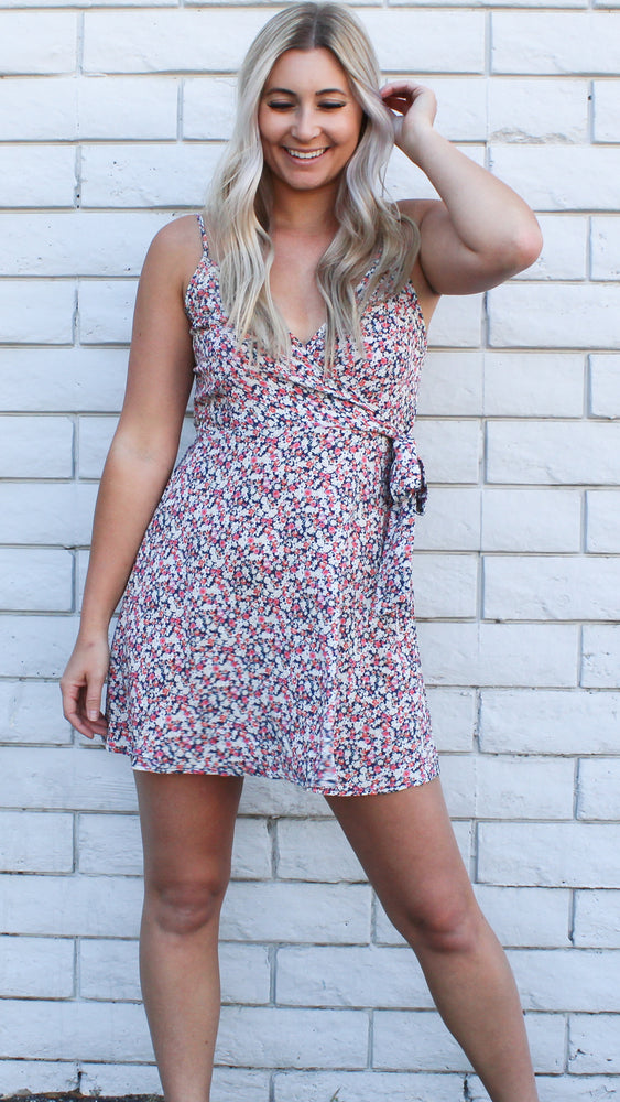 floral wrap dress in blue and pink