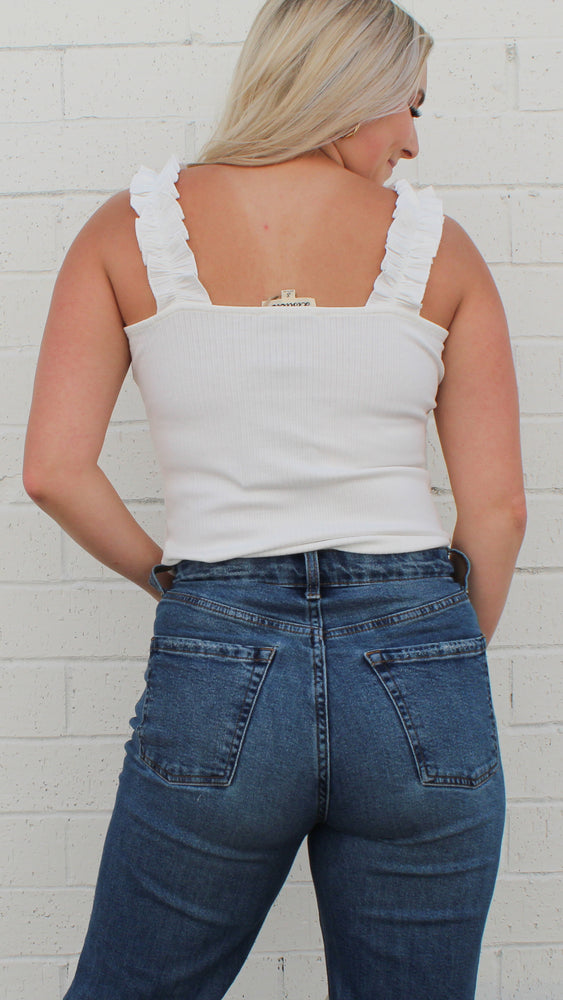 ruffle strap ribbed tank in white