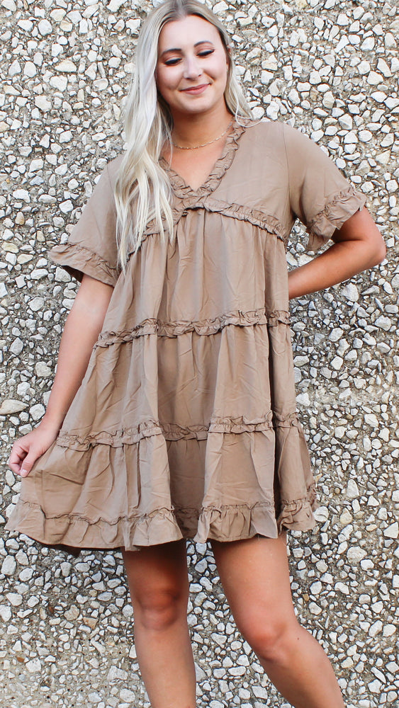 ruffled babydoll dress in taupe