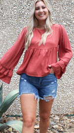 bell sleeve babydoll top in mauve