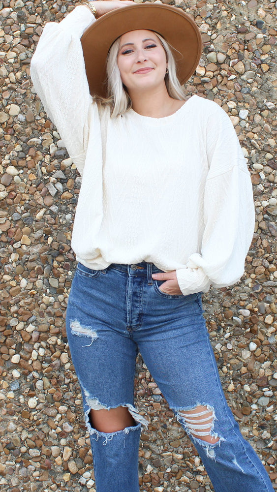 cable knit banded top in ivory