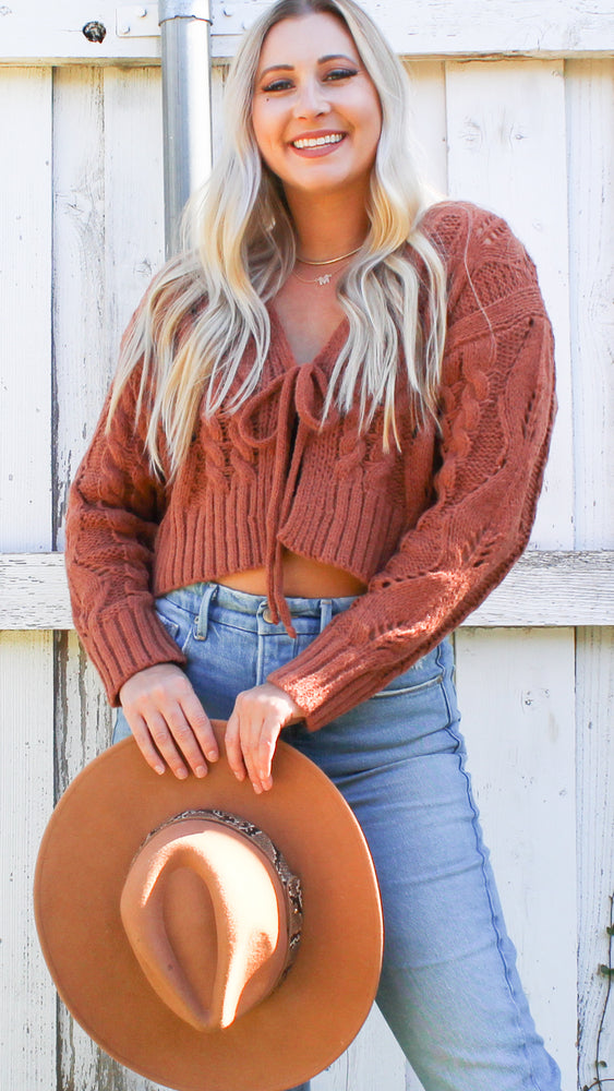 cable knit front tie crop sweater