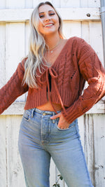 cable knit front tie crop sweater