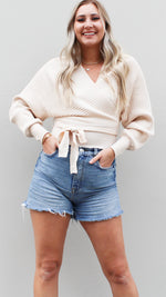 wrap style ribbed sweater in butter