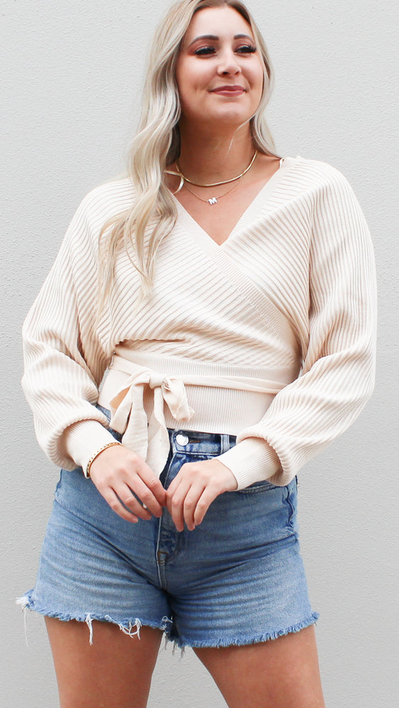 wrap style ribbed sweater in butter