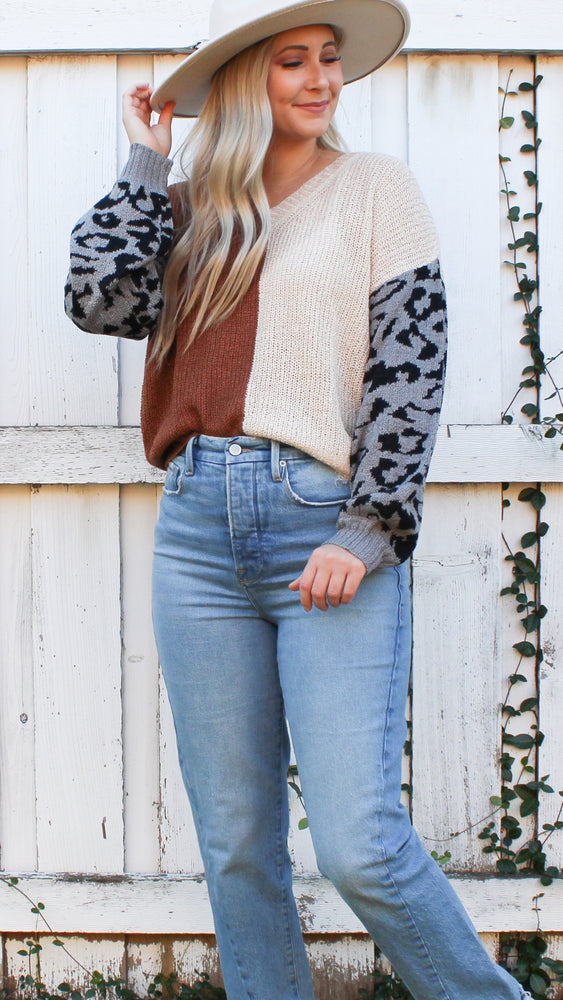 leopard sleeve color block sweater in brown