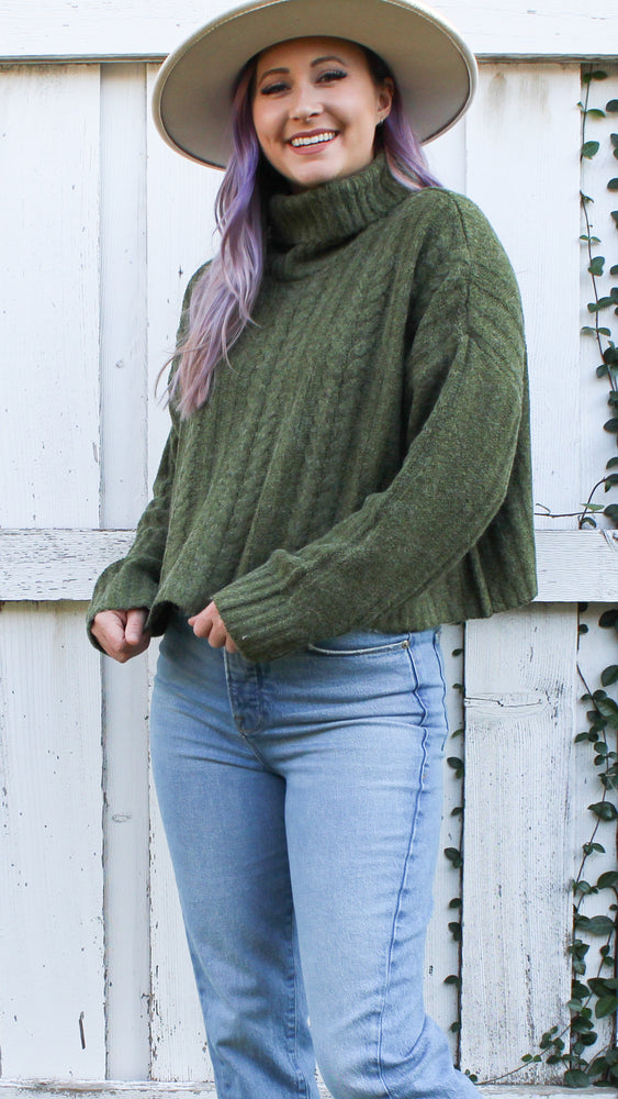 cable knit turtleneck sweater in olive