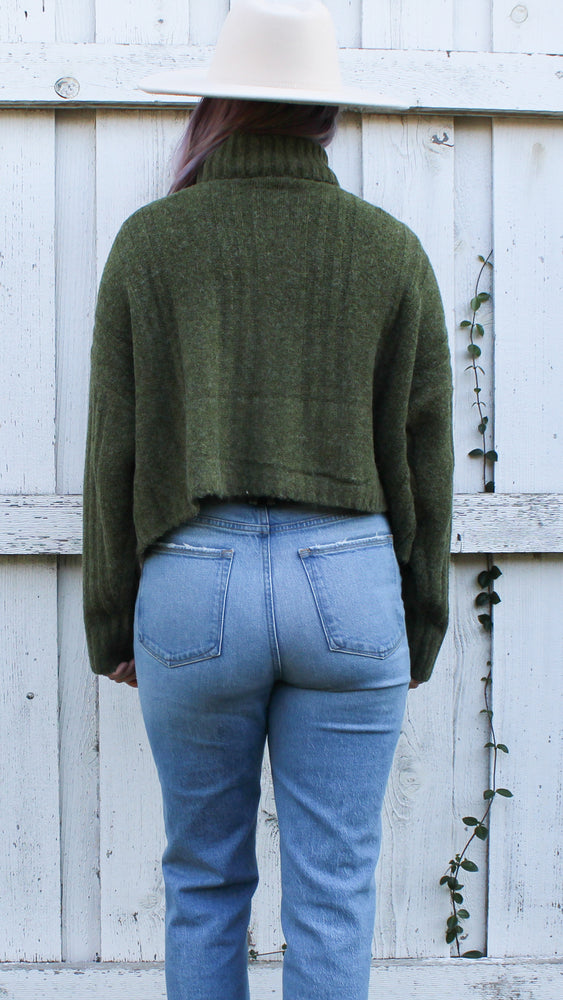 cable knit turtleneck sweater in olive