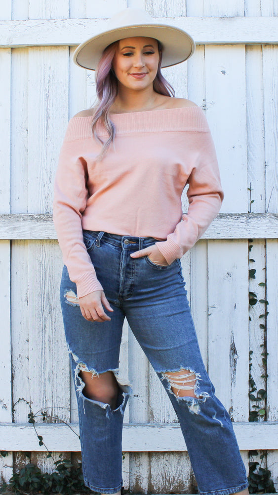 off the shoulder sweater in blush