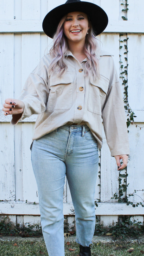 button up shirt jacket in taupe