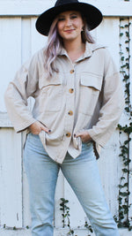 button up shirt jacket in taupe