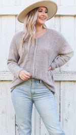 reverse stitch fuzzy sweater in taupe