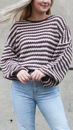 stripped balloon sleeve back tie sweater in almond brown