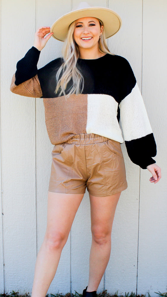 lightweight color block sweater in black/taupe