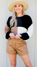 lightweight color block sweater in black/taupe