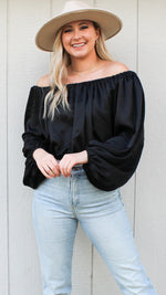 off the shoulder balloon sleeve cropped in silky black