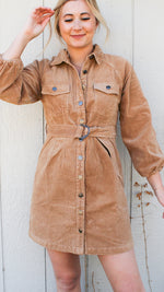 corduroy button up dress in camel