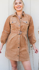 corduroy button up dress in camel