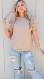 washed round neck raw hem top in taupe