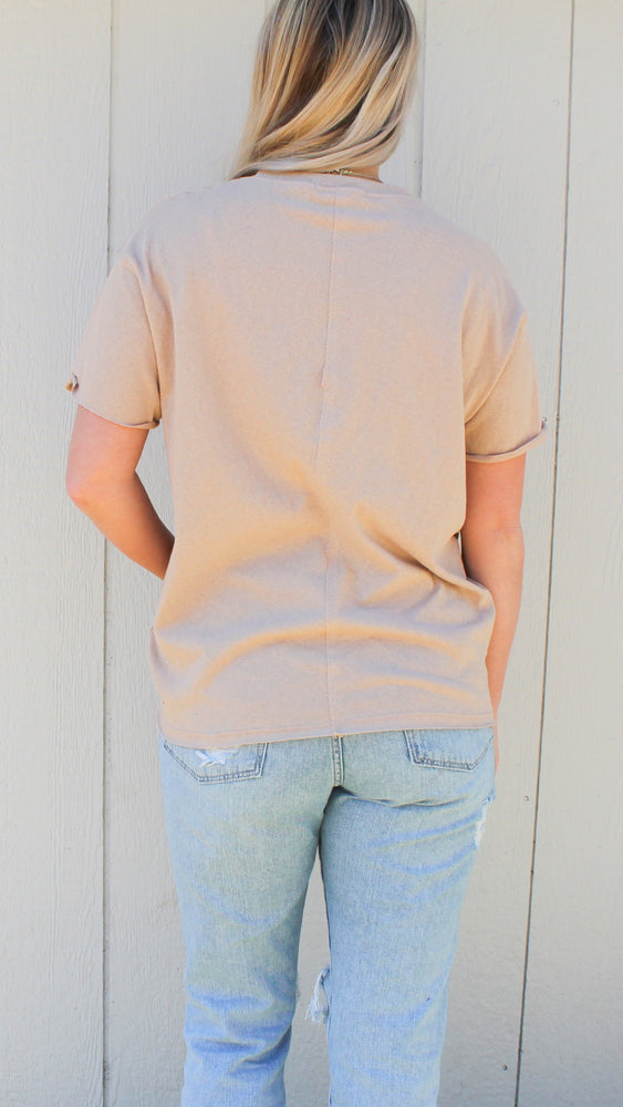 washed round neck raw hem top in taupe