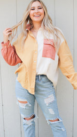 color block button down in  pink and yellow