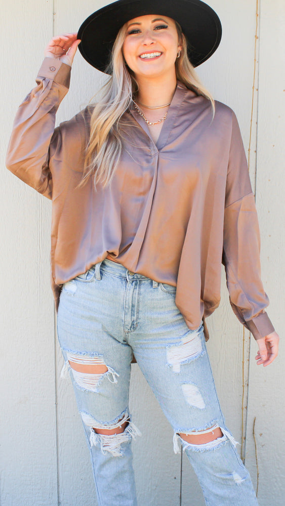 long sleeve collared blouse in mocha