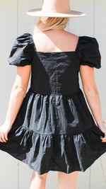 tiered skirt with bubble sleeves dress in black
