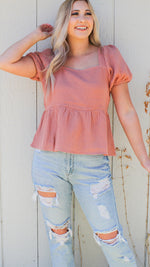 square neck puff sleeve top in coral