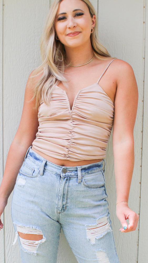 ruched smocking cami crop in taupe