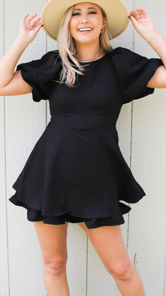 puff sleeve romper with dress overlay open back in black