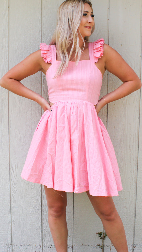 flutter sleeve side cut out dress in pink