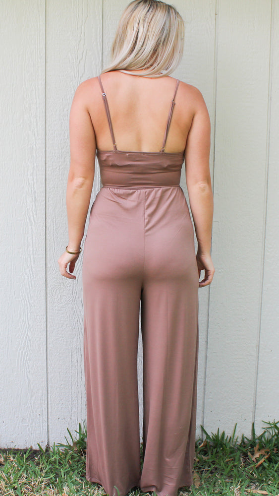 solid cami ruched front jumpsuit- cocoa