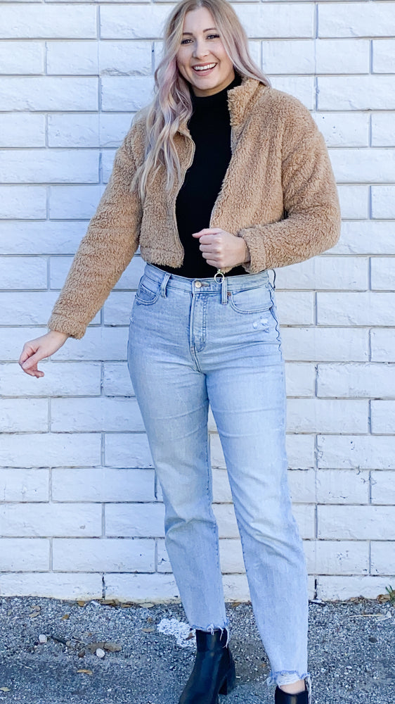 cropped teddy jacket in taupe