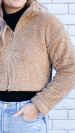 cropped teddy jacket in taupe