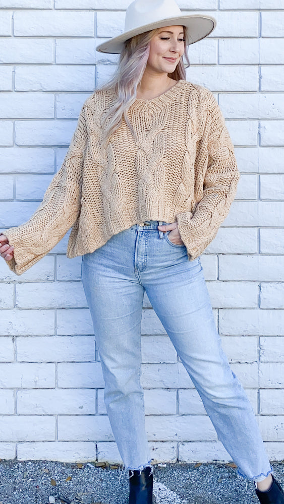 loose fitting cropped sweater in taupe